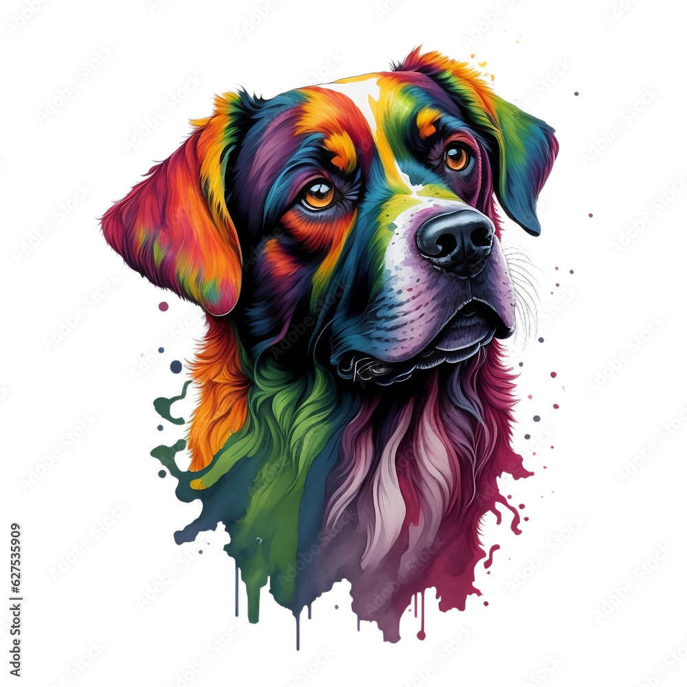 Watercolor Dog On A Transparent Or White Background. Abstract Portrait Colorful Dog Puppy Domestic Animals