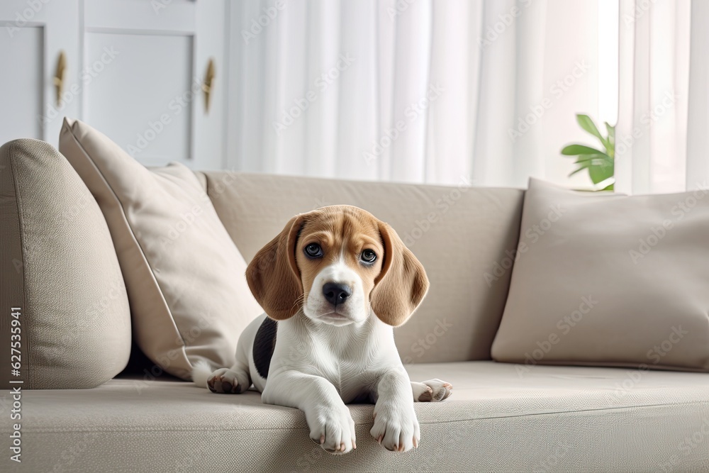 An irresistibly adorable Beagle puppy is lounging comfortably on a sofa indoors.