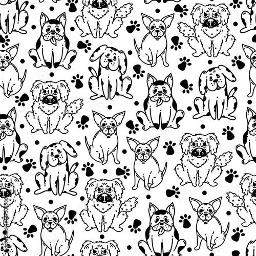 Cute dogs seamless vector pattern. Puppy French Bulldog, Chihuahua, Pekingese with paw prints. Pedigree pets. Fluffy, spotted, tiny animals. Simple sketch. Black and white background for fabric, web