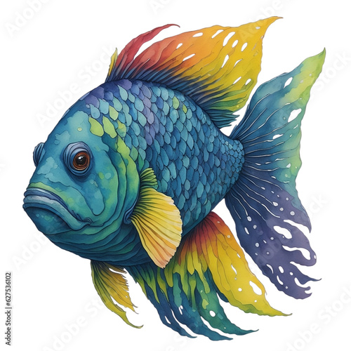 Watercolor Exotic Colorful Fish On A Transparent Or White Background. 