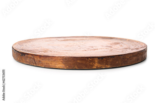 Round wooden board on white background