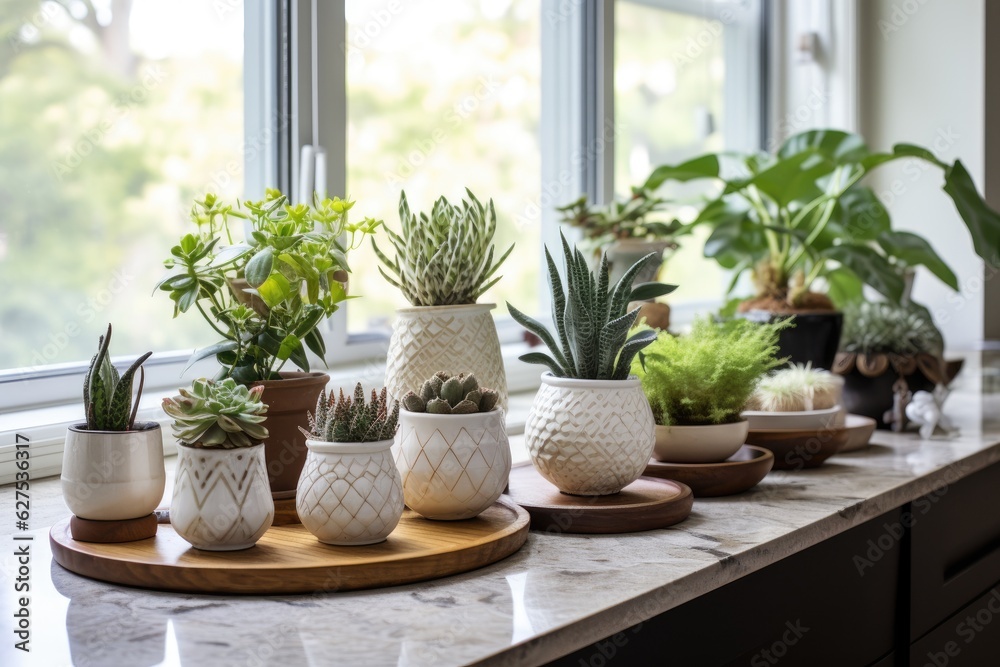 At home, there are attractive planters containing plants arranged on a counter.