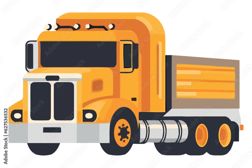Yellow semi truck carrying cargo container