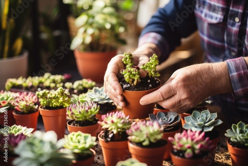 Cultivating succulent plants indoors. Creating potted plants with flowers at home.