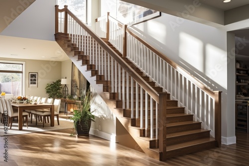Contemporary interior design featuring wooden railings in a residential setting.