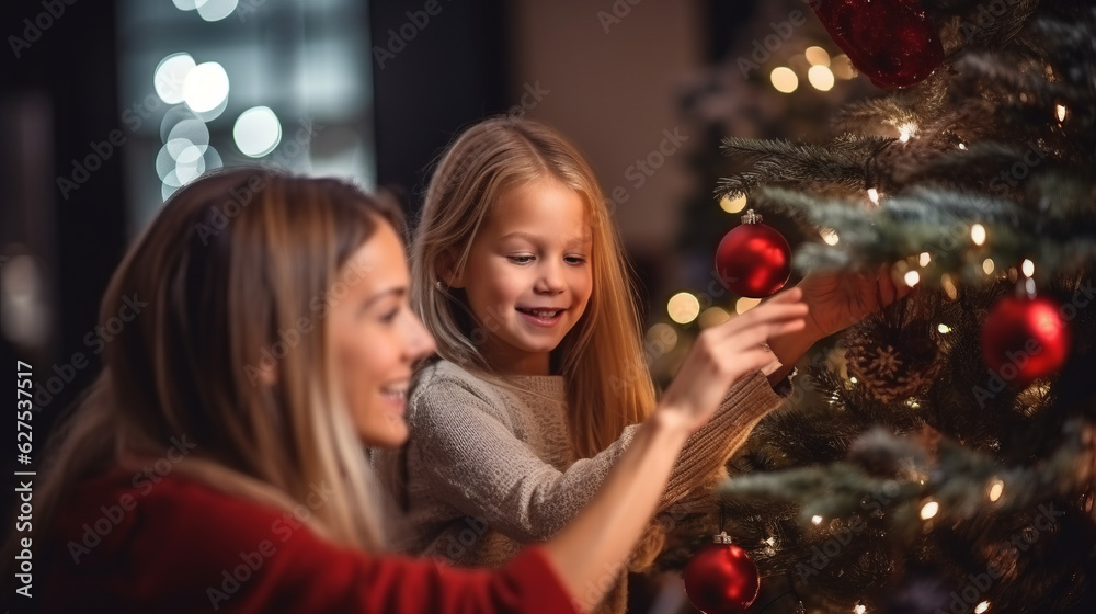 Happy Mom and Daughter Decorating Christmas Tree at Home. Generated ai.