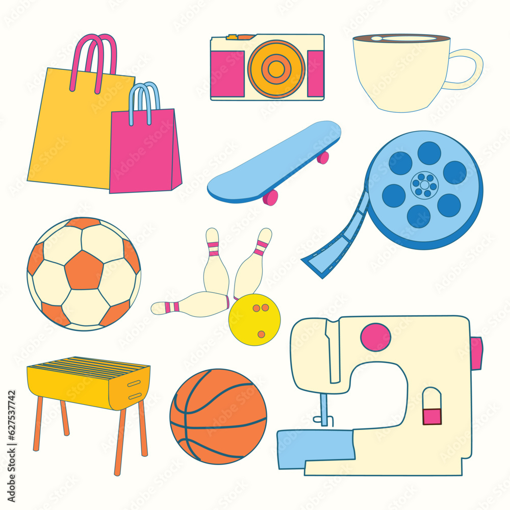 Set of Hobby and Free Time Activity Simple Flat Line Illustration Set of Hobby and Free Time Activity Simple Flat Line Illustration