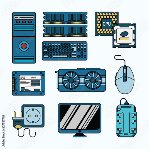 Set of Computer Hardware Simple Flat Line Illustration