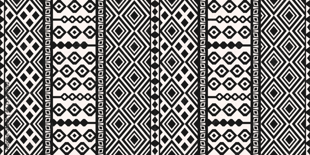 Vector ethnic pattern. Monochrome pattern of ethnic black and white ornament. Design for textile, fabric, clothing, curtain, rug, batik, ornament, background, wrapping.
