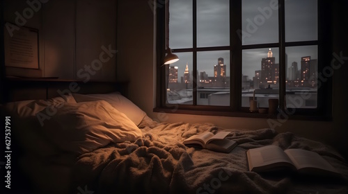 Comfortable Bedroom with Plush Pillows, Blankets, Nightstand, Book, Reading Lamp, and a Serene View of the City Skyline from Window. Generative AI