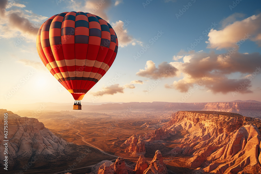 Hot Air Balloon Flying Over Rocky Cliff in Cappadocia Turkey at Bright Day