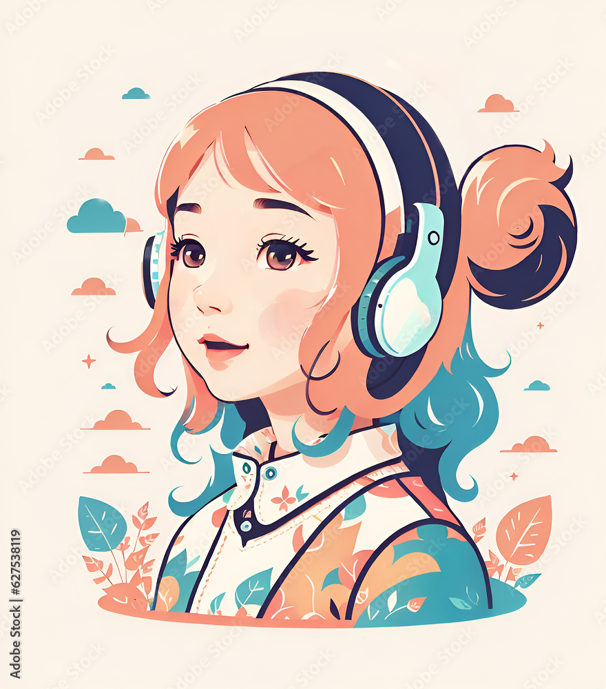 woman, headphone, music, cheerful, happy, smile, animation , generation ia
