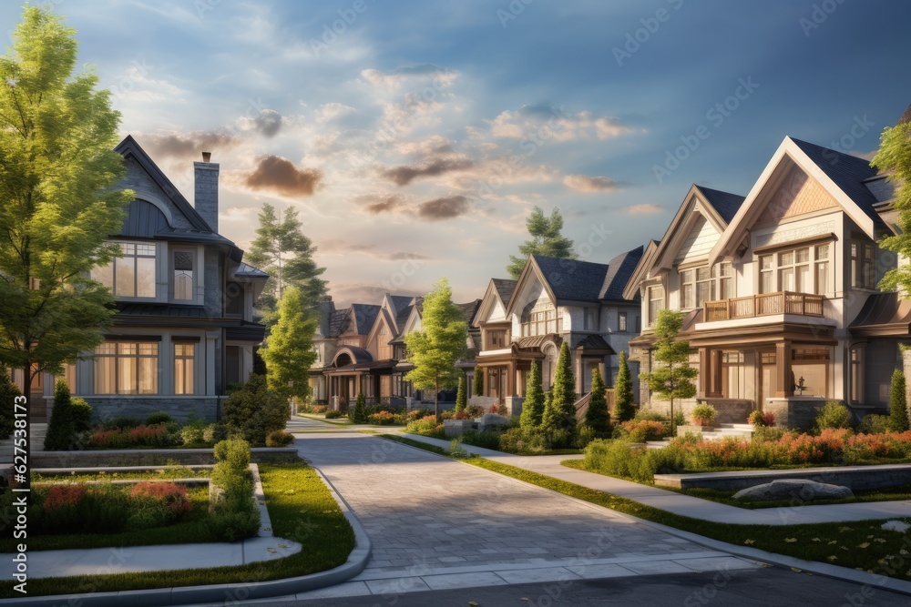 An ideal community characterized by beautiful suburban homes set amidst picturesque landscapes during the summer season in North America. These exquisite houses exude luxury and offer a delightful