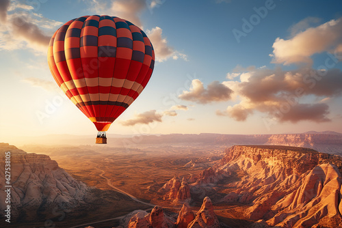 Hot Air Balloon Flying Over Rocky Cliff in Cappadocia Turkey at Bright Day