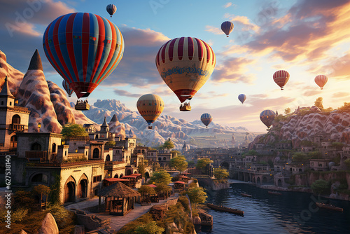 Hot Air Balloons Festival Flying Over Ancient City Building with Lake Nature View at Dusk