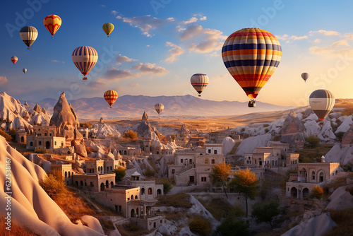 Hot Air Balloons Festival Flying Over Ancient City Building with Nature Landscape at Dusk