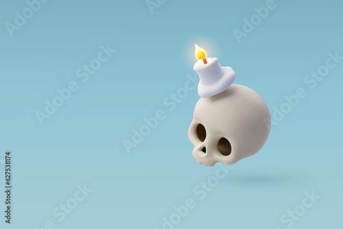 3d Vector Skull with burning candle, Halloween holiday concept.