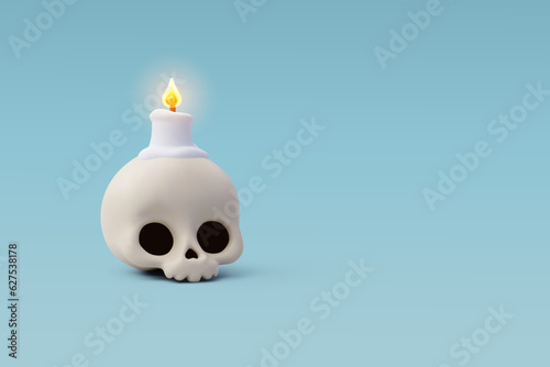 3d Vector Skull with burning candle, Halloween holiday concept.