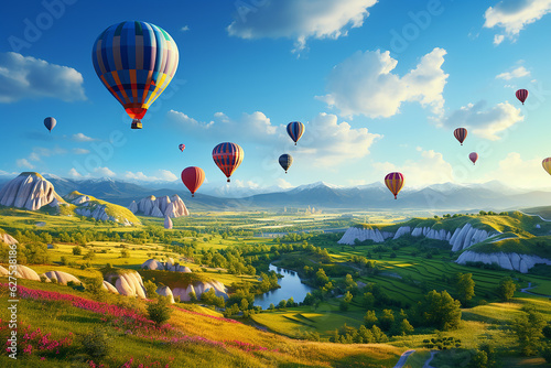 Hot Air Balloons Festival Flying Over Green Valley Hills with Nature Landscape at Bright Day