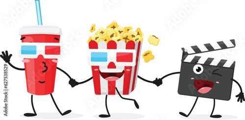 Cartoon Movie clapper with popcorn and drink , set of Cute characters, Isolated on white background