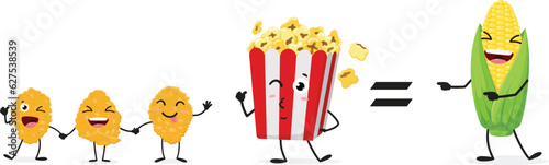 Cartoon corn products popcorn and corn flakes , set of Cute characters, Isolated on white background