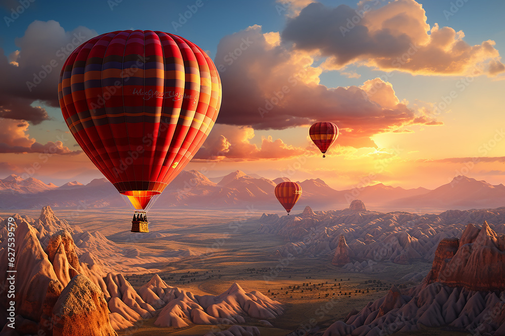 Hot Air Balloons Floating Over Rocky Cliff in Cappadocia Turkey at Dusk