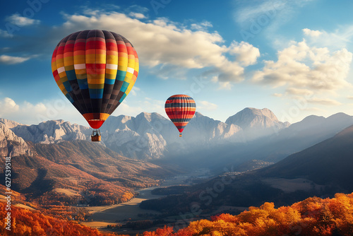 Hot Air Balloons Flying Over Hills Mountains with Nature View at Sunny Day
