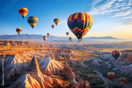 Hot Air Balloons Flying Over Rocky Cliff with Nature Landscape in Cappadocia Turkey at Bright Day