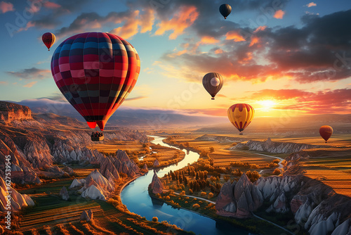 Hot Air Balloons Flying Over Rocky Cliff with River Nature View in Cappadocia Turkey at Sunset