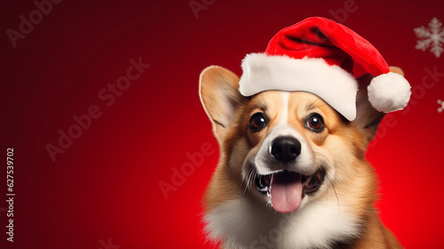 Close up of cute, little corgi with santa claus hat isolated on red background. Generated ai © sderbane