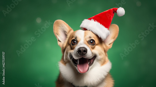 Close up of cute, little corgi with santa claus hat isolated on green background. Generated ai © sderbane
