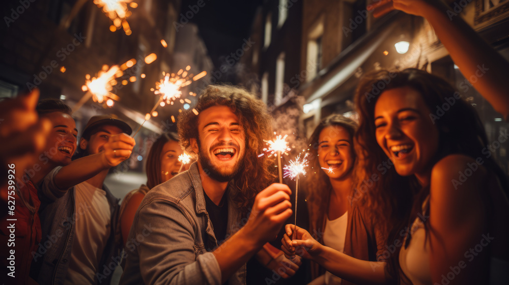Cropped shot of young friends holding sparklers at a party. Generated ai