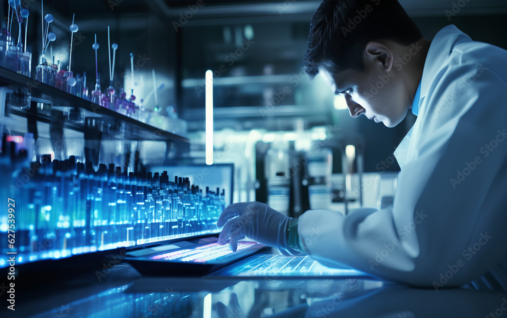 Technician scientist working and studying new medicine, cures and vaccines inside the hospital laboratory using techological and holographic tech. Generative AI.