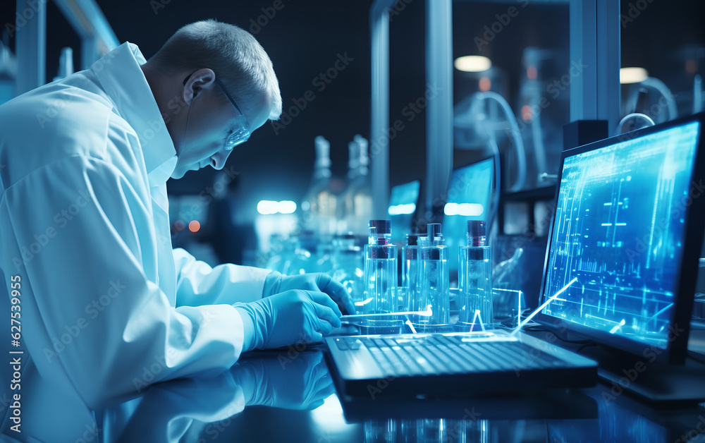 Technician scientist working and studying new medicine, cures and vaccines inside the hospital laboratory using techological and holographic tech. Generative AI.