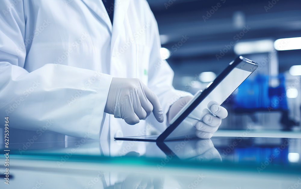Technician scientist working and studying new medicine, cures and vaccines inside the hospital laboratory using techological and holographic tech. Generative AI.