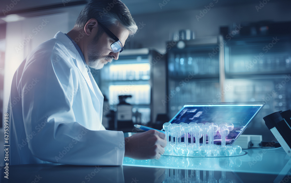 Technician scientist working and studying new medicine, cures and vaccines inside the hospital laboratory using techological and holographic tech. Generative AI.