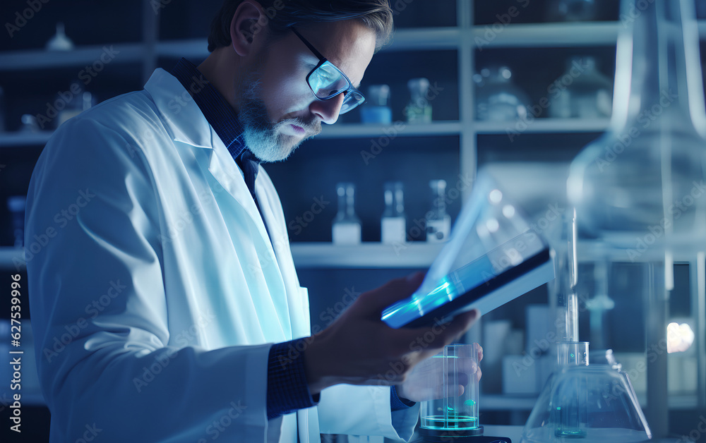 Technician scientist working and studying new medicine, cures and vaccines inside the hospital laboratory using techological and holographic tech. Generative AI.