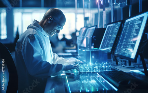 Obraz na płótnie Technician scientist working and studying new medicine, cures and vaccines inside the hospital laboratory using techological and holographic tech. Generative AI. w salonie