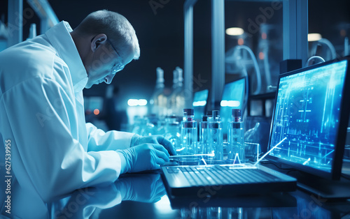 Obraz na płótnie Technician scientist working and studying new medicine, cures and vaccines inside the hospital laboratory using techological and holographic tech. Generative AI. w salonie