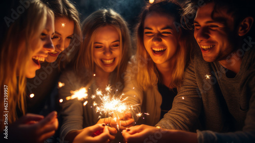 Cropped shot of young friends holding sparklers at a party. Generated ai
