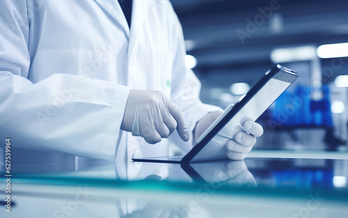Obraz na płótnie Technician scientist working and studying new medicine, cures and vaccines inside the hospital laboratory using techological and holographic tech. Generative AI. w salonie