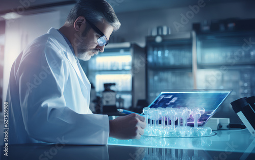 Obraz na płótnie Technician scientist working and studying new medicine, cures and vaccines inside the hospital laboratory using techological and holographic tech. Generative AI. w salonie
