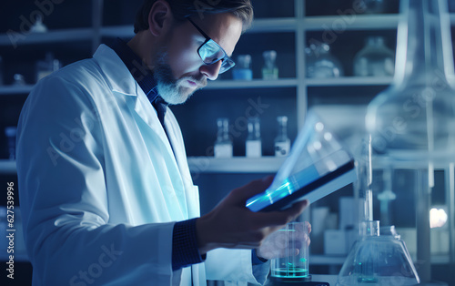 Obraz na płótnie Technician scientist working and studying new medicine, cures and vaccines inside the hospital laboratory using techological and holographic tech. Generative AI. w salonie