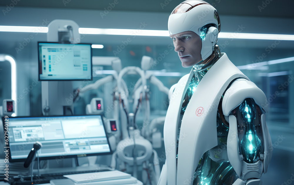Android cyborg robot researching new cures and medicines for health care advancements usint artificial inteligence. Generative AI. Android cyborg robot researching new cures and medicines for health care advancements usint artificial inteligence. Generative AI.
