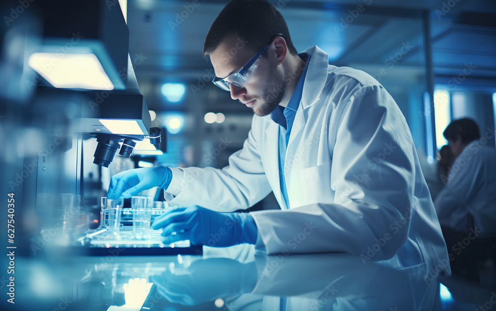 Technician scientist working and studying new medicine, cures and vaccines inside the hospital laboratory using techological and holographic tech. Generative AI. Technician scientist working and studying new medicine, cures and vaccines inside the hospital laboratory using techological and holographic tech. Generative AI.