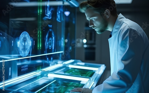 Technician scientist working and studying new medicine, cures and vaccines inside the hospital laboratory using techological and holographic tech. Generative AI. photo