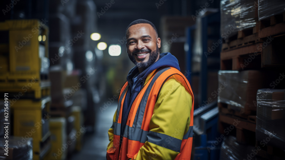 Cheerful young worker in uniform smiling to the camera while working at the storage. Trade workers concept. Generated ai. Cheerful young worker in uniform smiling to the camera while working at the storage. Trade workers concept. Generated ai.