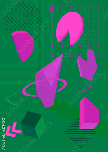 Green and purple geometrical graphic retro background. Minimal geometric elements theme cover. Vintage shapes poster design template.