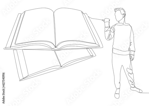 One continuous line of Man pointing with finger at book. Thin Line Illustration vector concept. Contour Drawing Creative ideas.