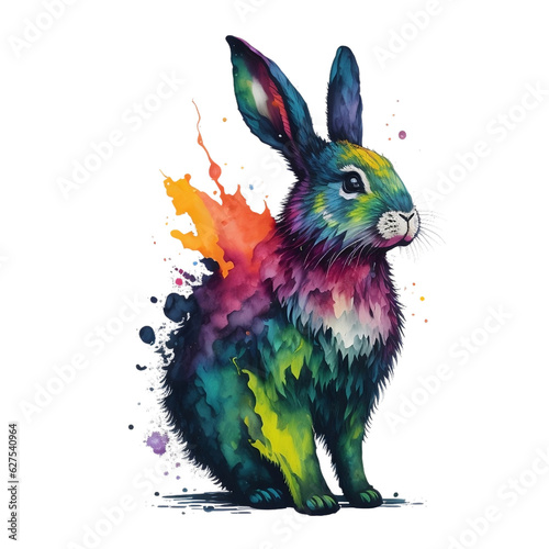 Watercolor Rabbit On A Transparent Or White Background. Abstract Portrait Splash Colorful Bunny Rabbit
